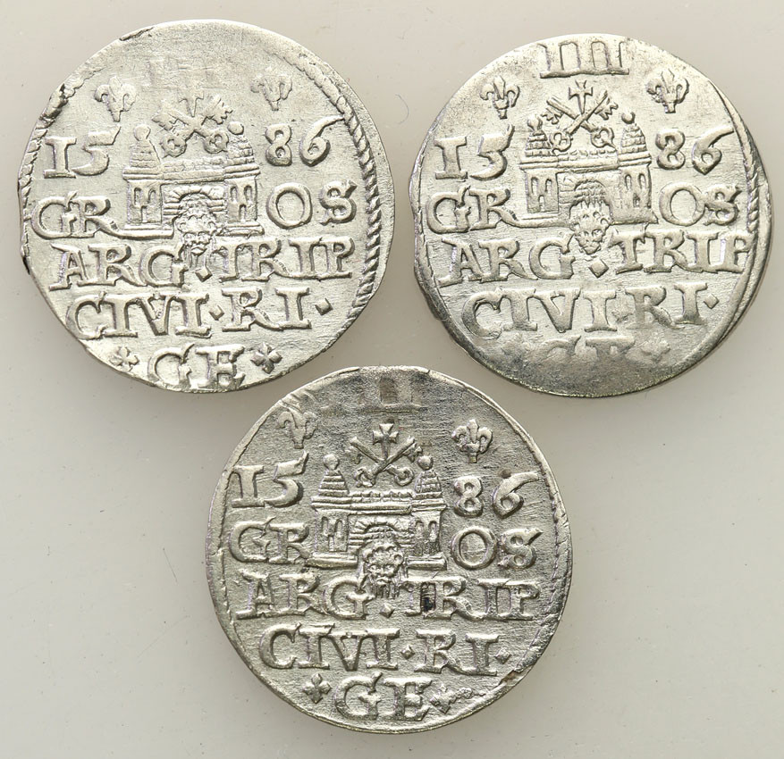 Stefan Batory. Trojak (3 grosze) 1586, Ryga, zestaw 3 monet